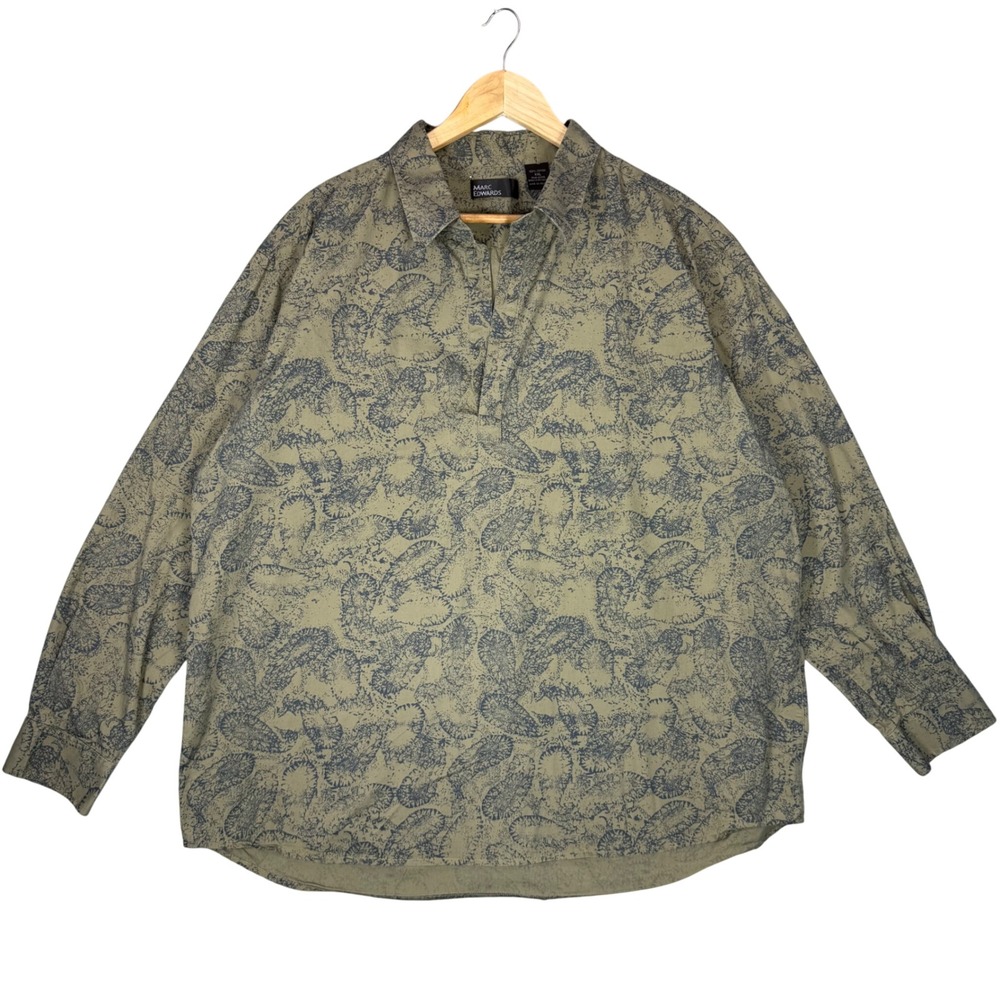 Marc Edwards Men's XXL Cotton Shirt Long Sleeve Olive Green Blue Paisley Pattern